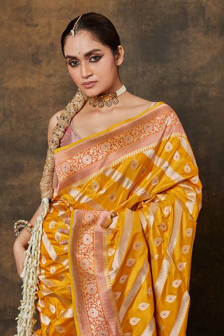 Buy_Vishwa By Pinki Sinha_Yellow , Chanderi Embroidery Leaf Woven Saree With Running Blouse_Online_at_Aza_Fashions