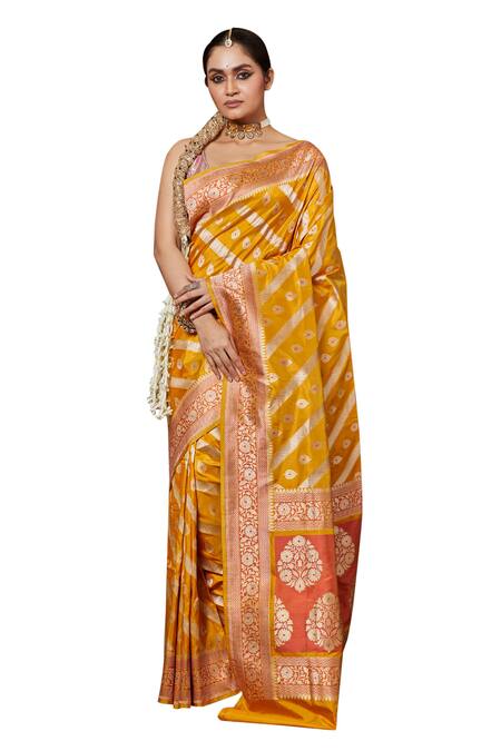 Shop_Vishwa By Pinki Sinha_Yellow , Chanderi Embroidery Leaf Woven Saree With Running Blouse_Online_at_Aza_Fashions