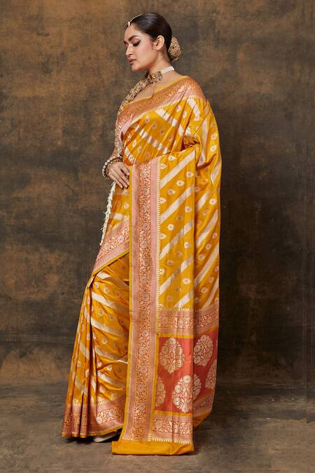 Vishwa By Pinki Sinha_Yellow , Chanderi Embroidery Leaf Woven Saree With Running Blouse_at_Aza_Fashions