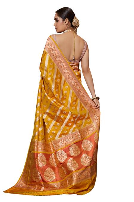 Buy_Vishwa By Pinki Sinha_Yellow , Chanderi Embroidery Leaf Woven Saree With Running Blouse