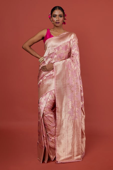 VISHWA BY PINKI SINHA Pink Banarasi Pure Silk Handwoven Geometric Saree With Running Blouse 