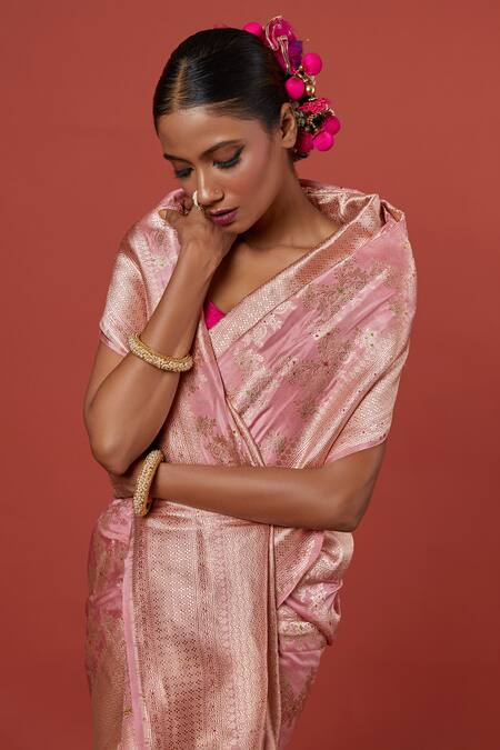 Vishwa By Pinki Sinha_Pink Silk, Brocade, Chanderi Geometric Woven Saree With Running Blouse_Online_at_Aza_Fashions