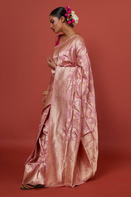 Shop_Vishwa By Pinki Sinha_Pink Silk, Brocade, Chanderi Geometric Woven Saree With Running Blouse_Online_at_Aza_Fashions
