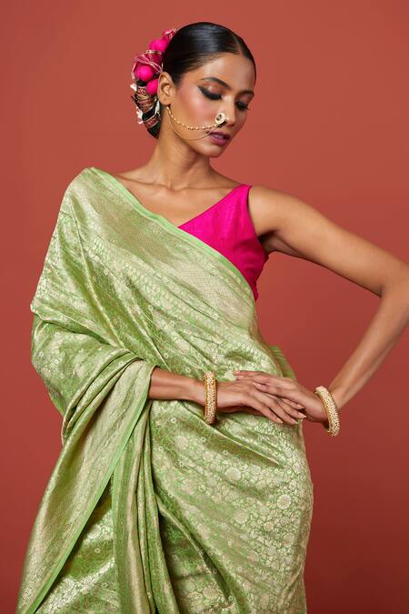 Buy_Vishwa By Pinki Sinha_Green Silk Floral Brocade Woven Saree With Running Blouse_Online_at_Aza_Fashions