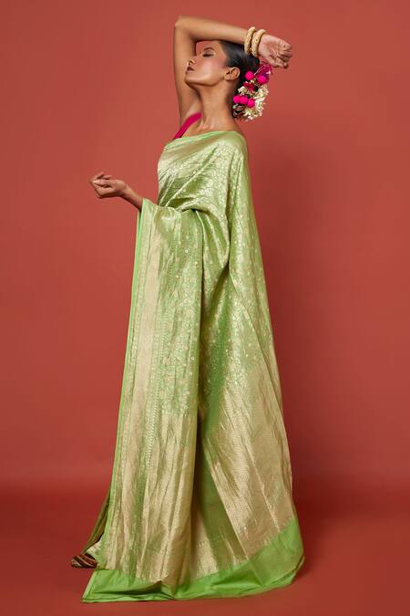 Shop_Vishwa By Pinki Sinha_Green Silk Floral Brocade Woven Saree With Running Blouse_Online_at_Aza_Fashions