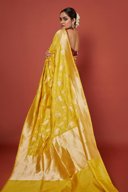 Shop_Vishwa By Pinki Sinha_Yellow Silk Embroidery Lotus Woven Saree With Running Blouse_at_Aza_Fashions