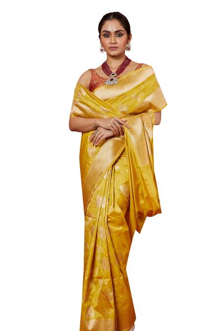Vishwa By Pinki Sinha_Yellow Silk Embroidery Lotus Woven Saree With Running Blouse_Online_at_Aza_Fashions