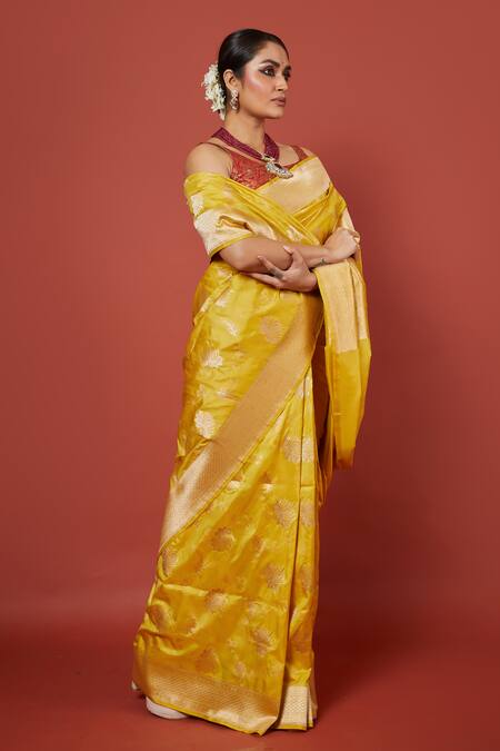 Vishwa By Pinki Sinha_Yellow Silk Embroidery Lotus Woven Saree With Running Blouse_at_Aza_Fashions