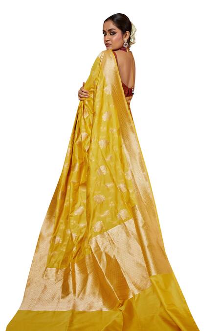 Buy_Vishwa By Pinki Sinha_Yellow Silk Embroidery Lotus Woven Saree With Running Blouse