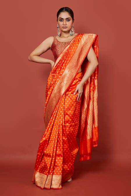 VISHWA BY PINKI SINHA Orange Banarasi Pure Silk Handwoven Floral Butta Saree With Running Blouse 