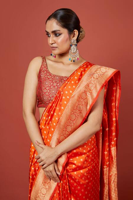 Buy_Vishwa By Pinki Sinha_Orange Silk, Brocade Embroidery Floral Butta Woven Saree With Running Blouse_Online_at_Aza_Fashions