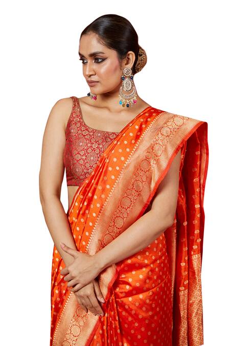 Shop_Vishwa By Pinki Sinha_Orange Silk, Brocade Embroidery Floral Butta Woven Saree With Running Blouse_Online_at_Aza_Fashions