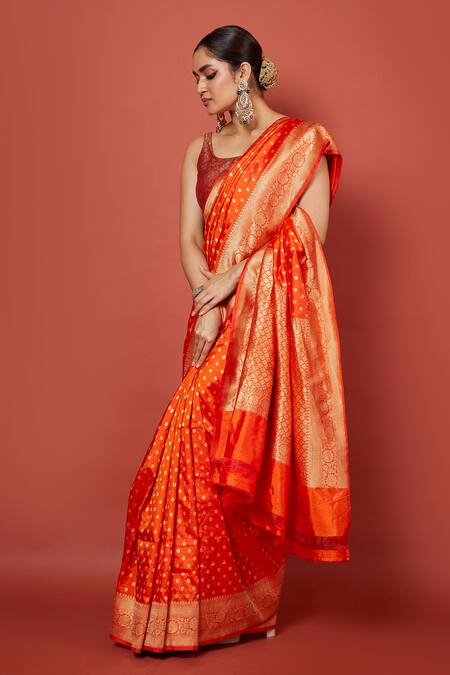 Vishwa By Pinki Sinha_Orange Silk, Brocade Embroidery Floral Butta Woven Saree With Running Blouse_at_Aza_Fashions