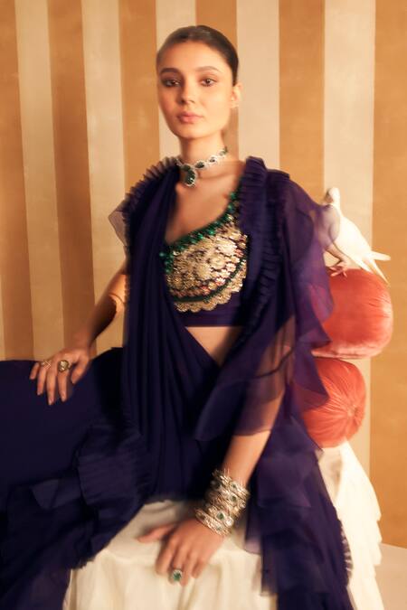 Ridhi Mehra_Purple Chiffon, Silk Sequins, Naghma Solid Ruffle Pre-draped Saree With Blouse _Online_at_Aza_Fashions