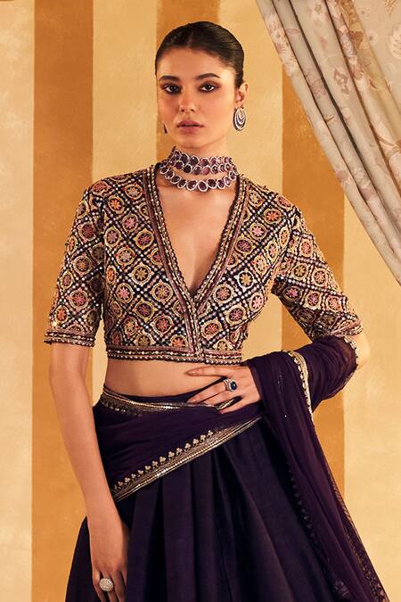 Ridhi Mehra_Purple Net, Silk Sequins, Beads Qaruna Lotus Applique Embellished Lehenga Set _Online_at_Aza_Fashions