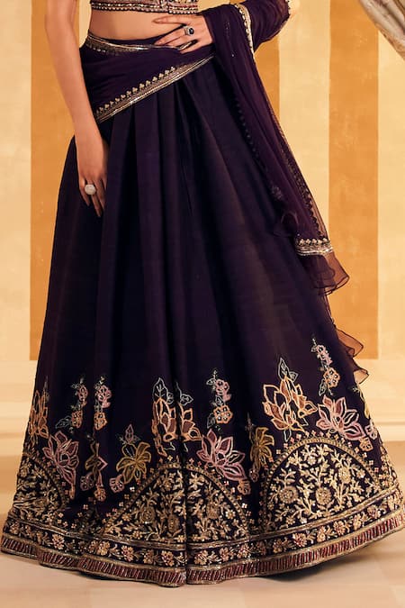 Buy_Ridhi Mehra_Purple Net, Silk Sequins, Beads Qaruna Lotus Applique Embellished Lehenga Set _Online_at_Aza_Fashions