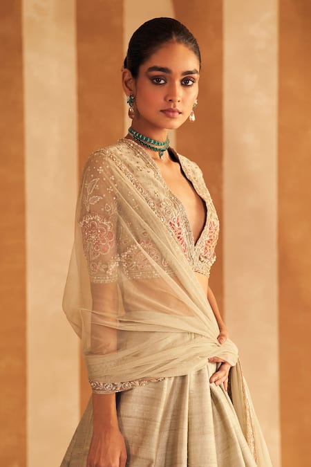 Ridhi Mehra_Green Net, Silk Pearls, Sequins, Patchwork, Beads Gulbahar Floral Lehenga Set _Online_at_Aza_Fashions