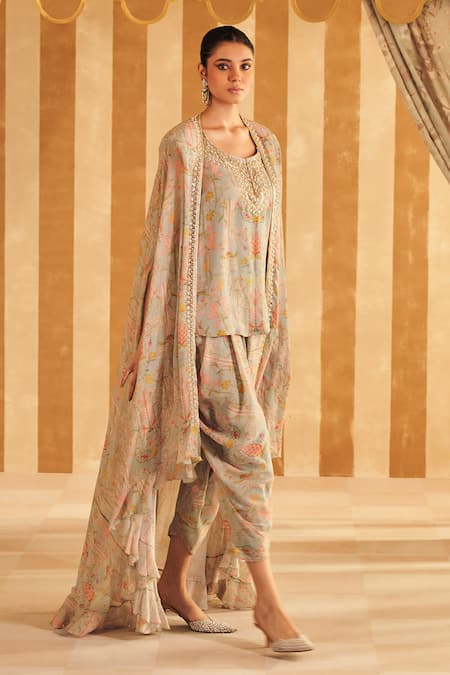 Ridhi Mehra Gil Printed Embellished High-Low Cape Dhoti Pant Set 