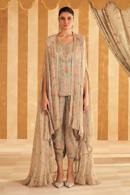 Ridhi Mehra Gil Printed Embellished High-Low Cape Dhoti Pant Set 