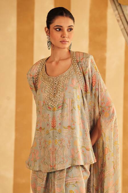 Ridhi Mehra_Blue Georgette Sequins, Gil Printed Embellished High-low Cape Dhoti Pant Set _Online_at_Aza_Fashions