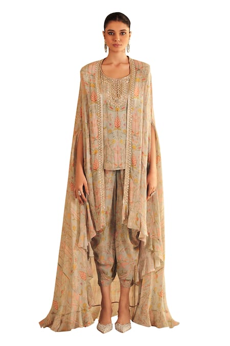 Shop_Ridhi Mehra_Blue Georgette Sequins, Gil Printed Embellished High-low Cape Dhoti Pant Set _Online_at_Aza_Fashions