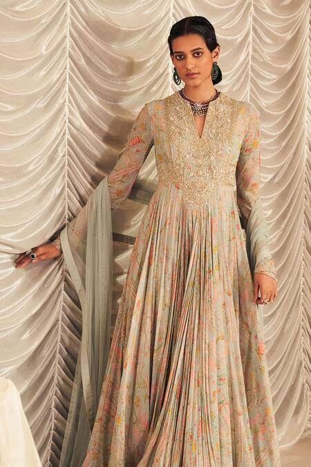 Ridhi Mehra_Blue Georgette, Net Sequins, Beads Split Fankaar Printed Anarkali With Dupatta _Online_at_Aza_Fashions