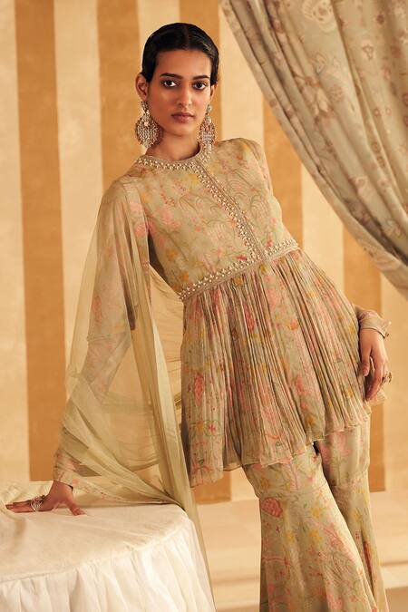 Ridhi Mehra_Green Chiffon, Net Sequins, Beads, Nashit Floral Print Peplum Kurta Gharara Set _Online_at_Aza_Fashions
