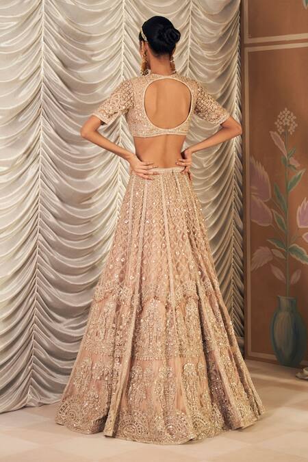 Buy_Ridhi Mehra_Gold Net Embellished Sequin V-neck Sukhan Pearl Floral Bridal Lehenga Set _Online_at_Aza_Fashions