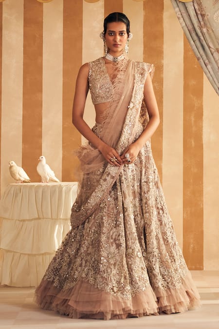 Ridhi Mehra Gold Net Embellished Sequin Inaara Embroidered Floral Jaali Bridal Lehenga Set 