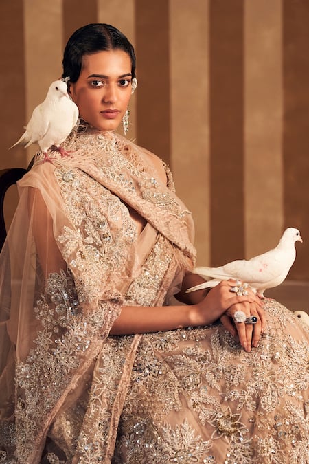 Ridhi Mehra Gold Net Embellished Sequin Inaara Embroidered Floral Jaali Bridal Lehenga Set at Aza Fashions Ridhi Mehra_Gold Net Embellished Sequin Inaara Embroidered Floral Jaali Bridal Lehenga Set _at_Aza_Fashions