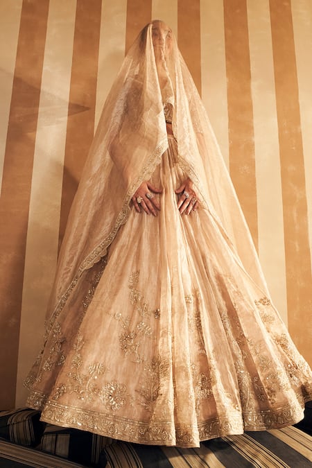 Ridhi Mehra_Gold Net, Tissue Sequins, Beads, Zari V-neck Floral Embroidered Lehenga Set _Online_at_Aza_Fashions