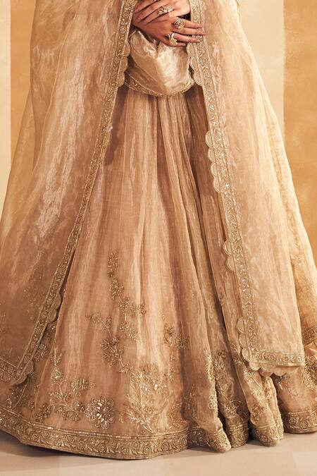 Buy_Ridhi Mehra_Gold Net, Tissue Sequins, Beads, Zari V-neck Floral Embroidered Lehenga Set _Online_at_Aza_Fashions