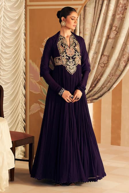 Ridhi Mehra Purple Anarkali Georgette Embellished Banafsha Floral Patchwork With Dupatta 