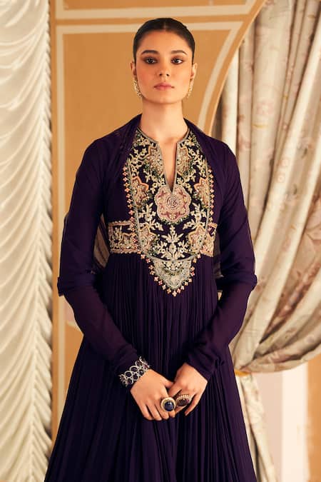 Ridhi Mehra_Purple Georgette, Net Applique, Banafsha Floral Patchwork Anarkali With Dupatta _Online_at_Aza_Fashions