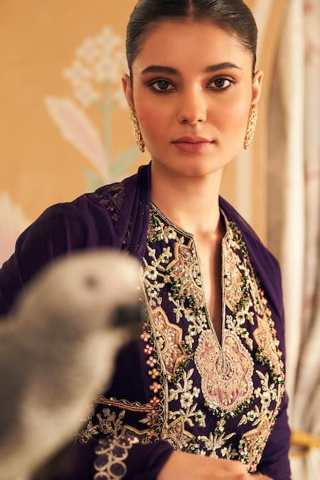 Buy_Ridhi Mehra_Purple Georgette, Net Applique, Banafsha Floral Patchwork Anarkali With Dupatta _Online_at_Aza_Fashions