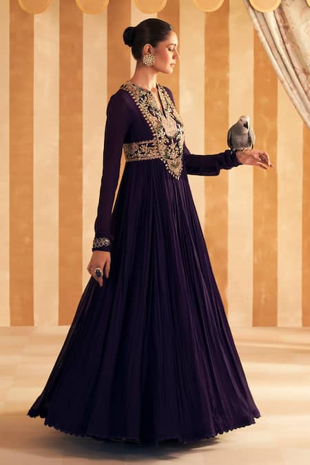 Shop_Ridhi Mehra_Purple Georgette, Net Applique, Banafsha Floral Patchwork Anarkali With Dupatta _Online_at_Aza_Fashions