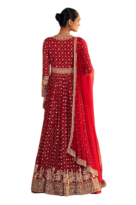 Ridhi Mehra_Red Georgette, Net Pareesa Floral Zardozi Embroidered Anarkali With Dupatta _Online_at_Aza_Fashions