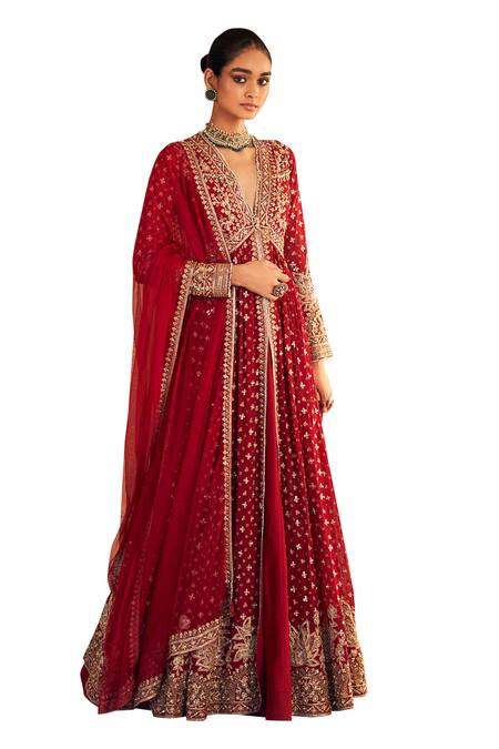 Buy_Ridhi Mehra_Red Georgette, Net Pareesa Floral Zardozi Embroidered Anarkali With Dupatta _Online_at_Aza_Fashions