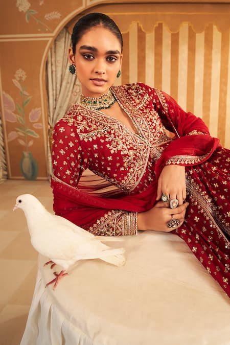 Ridhi Mehra_Red Georgette, Net Pareesa Floral Zardozi Embroidered Anarkali With Dupatta _at_Aza_Fashions