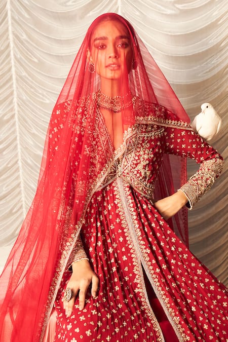 Buy_Ridhi Mehra_Red Georgette, Net Pareesa Floral Zardozi Embroidered Anarkali With Dupatta 