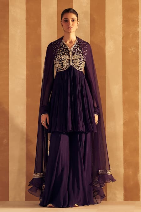 Ridhi Mehra Purple Short Anarkali And Gharara Chiffon Embellished Sequin Round Anjum Set 