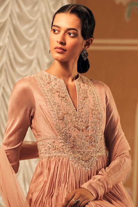 Ridhi Mehra_Pink Silk, Net Cut Work, Sequins, Naqsh Bloom Gathered Anarkali With Dupatta _Online_at_Aza_Fashions