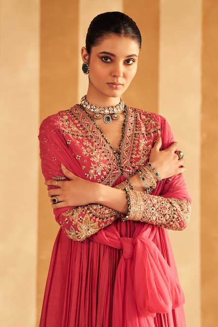 Ridhi Mehra_Pink Silk, Net Aalam Gullista Embroidered Aliya Cut Anarkali With Dupatta _Online_at_Aza_Fashions