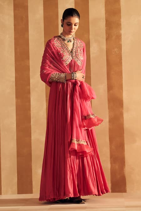Buy_Ridhi Mehra_Pink Silk, Net Aalam Gullista Embroidered Aliya Cut Anarkali With Dupatta _Online_at_Aza_Fashions