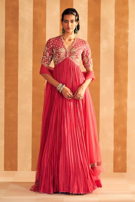 Ridhi Mehra Pink Anarkali Silk Embroidery Pearl V Neck Nafasat Wildbloom With Dupatta 