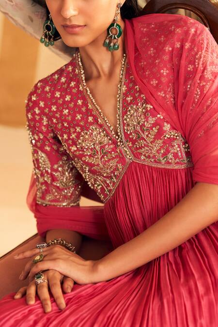 Ridhi Mehra_Pink Silk, Net Cut Work Nafasat Wildbloom Embroidered Anarkali With Dupatta _Online_at_Aza_Fashions