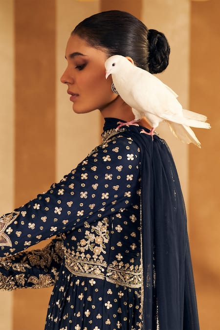 Ridhi Mehra_Blue Silk, Net Pearls, Ibtida Gulshan Embroidered Anarkali With Dupatta _Online_at_Aza_Fashions