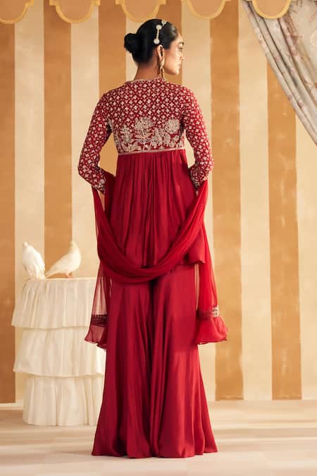 Shop Ridhi Mehra Red Silk, Net Gota Patti, Pearls, Qasida Gulbahar Embroidered Short Anarkali Set at Aza Fashions Shop_Ridhi Mehra_Red Silk, Net Gota Patti, Pearls, Qasida Gulbahar Embroidered Short Anarkali Set _at_Aza_Fashions