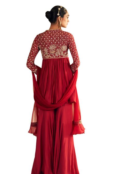 Ridhi Mehra Red Silk, Net Gota Patti, Pearls, Qasida Gulbahar Embroidered Short Anarkali Set Online at Aza Fashions Ridhi Mehra_Red Silk, Net Gota Patti, Pearls, Qasida Gulbahar Embroidered Short Anarkali Set _Online_at_Aza_Fashions