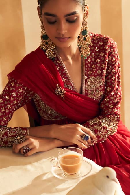 Buy Ridhi Mehra Red Silk, Net Gota Patti, Pearls, Qasida Gulbahar Embroidered Short Anarkali Set Online at Aza Fashions Buy_Ridhi Mehra_Red Silk, Net Gota Patti, Pearls, Qasida Gulbahar Embroidered Short Anarkali Set _Online_at_Aza_Fashions